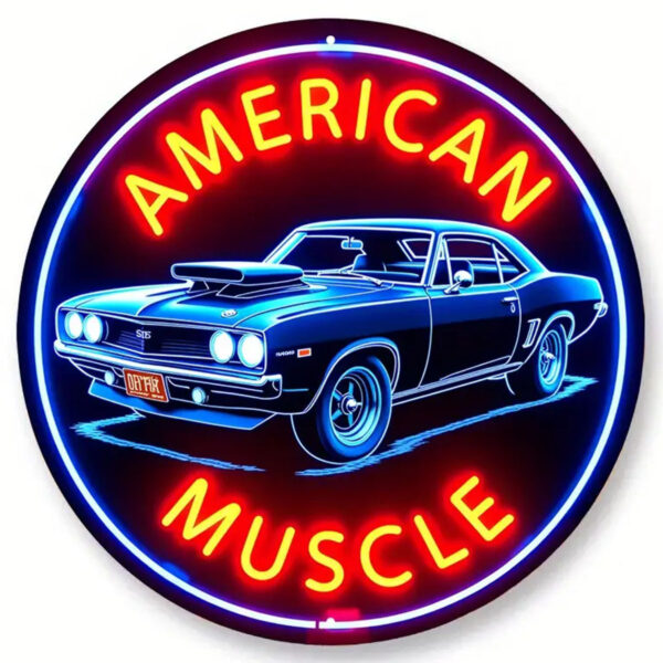 Neon Metallschild mit "American Muscle" Motiv
