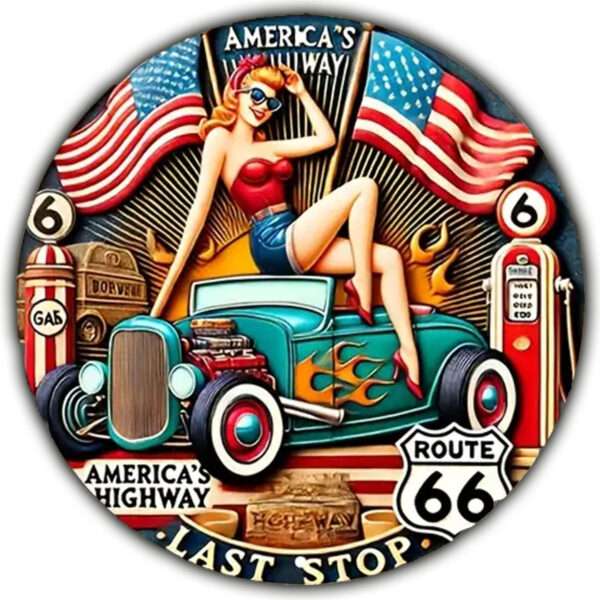 Vintage Metallschild im *ROUTE 66 PIN UP GIRL* Design